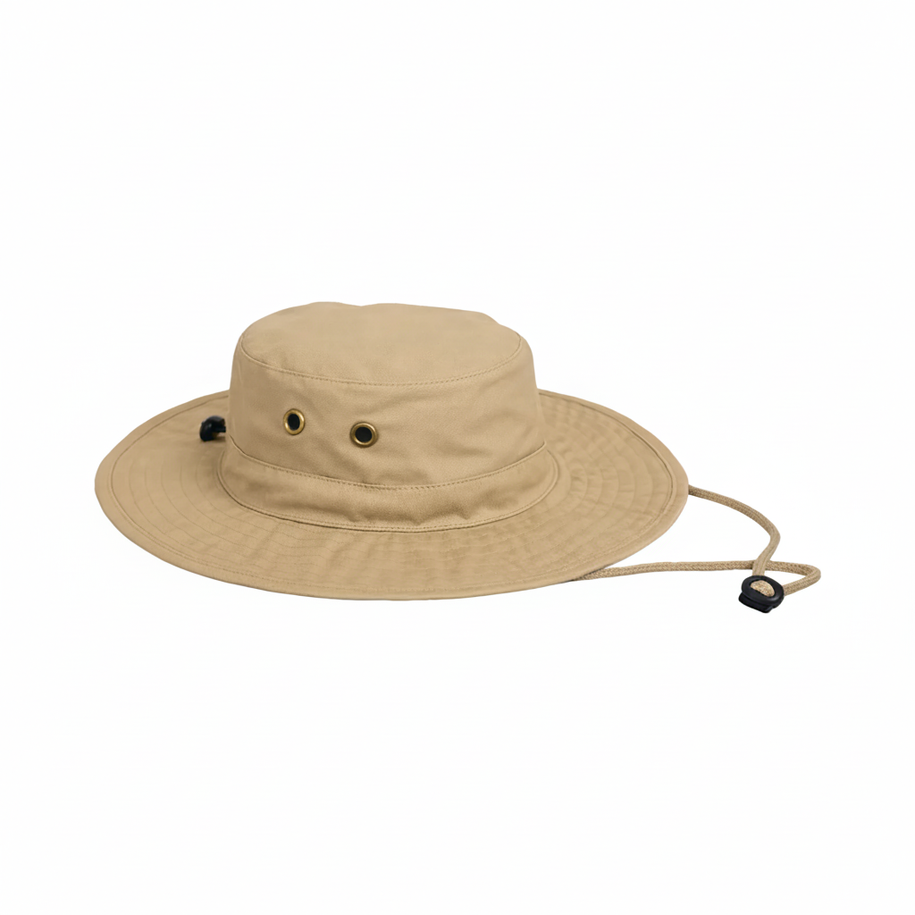 Beige bucket hat with chin strap 