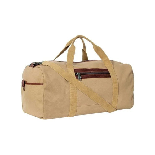 Sand duffel bag  made from 100% cotton canvas with genuine leather trim. Manufactured locally.  