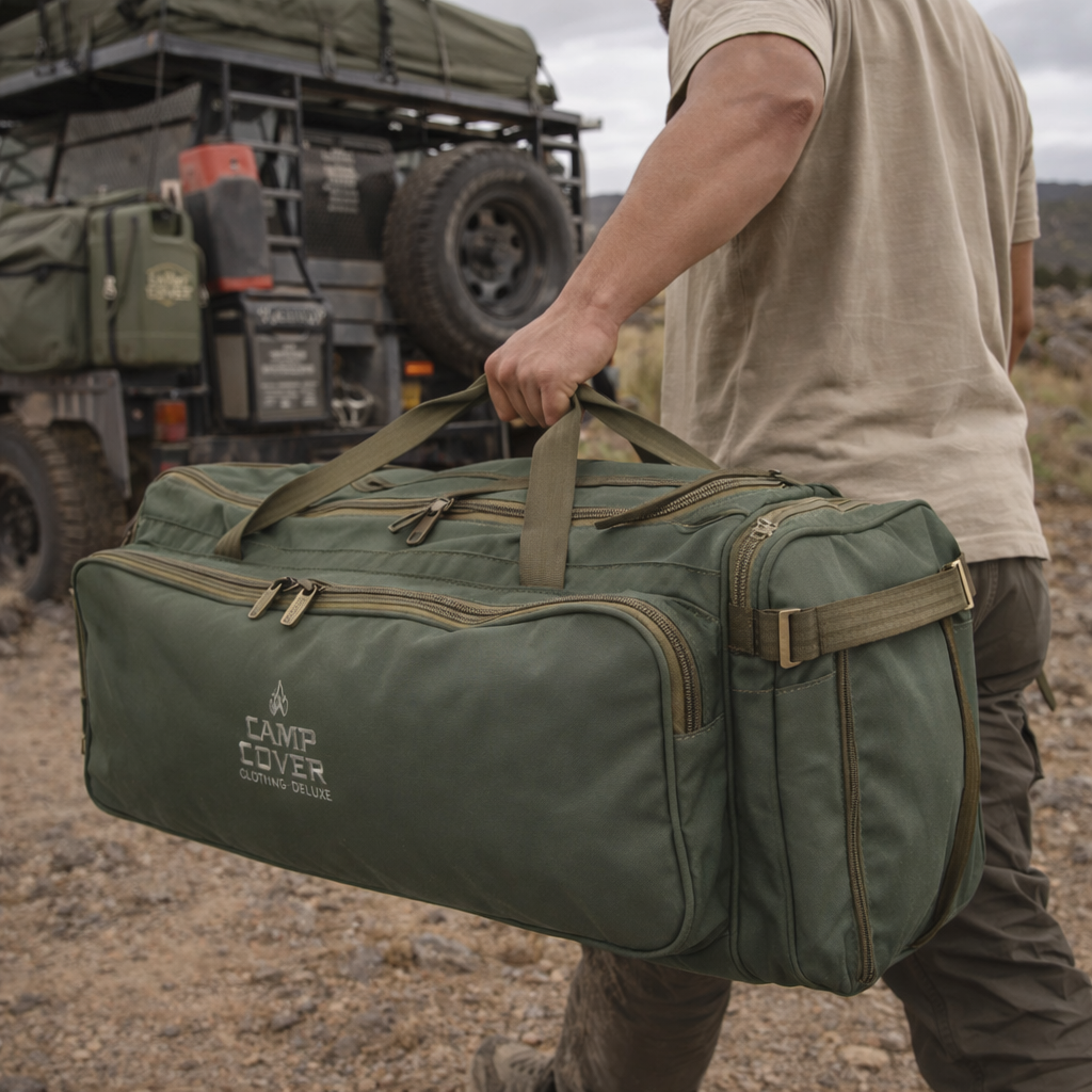 khaki duffel bag for rugged conditions