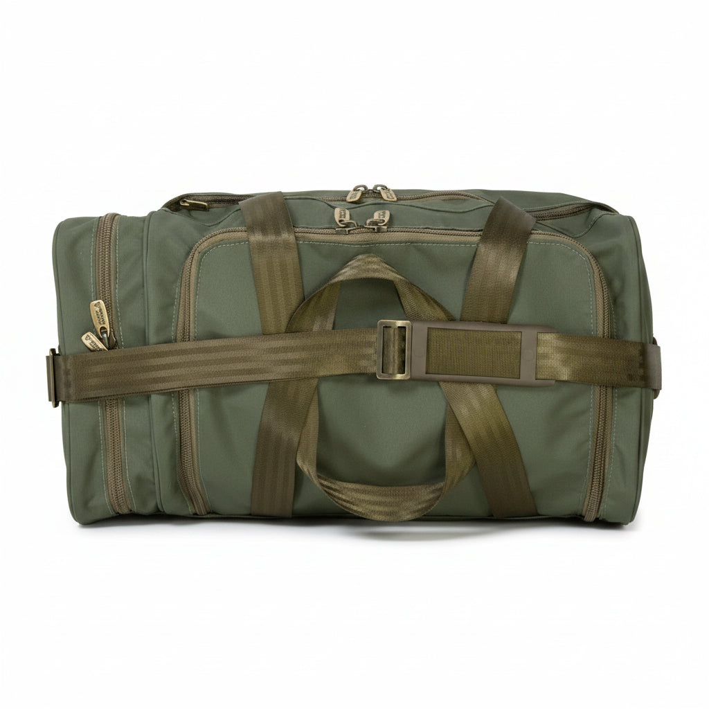 An olive green duffel bag with multiple zippered compartments and thick olive green webbing straps, shown against a plain white background.