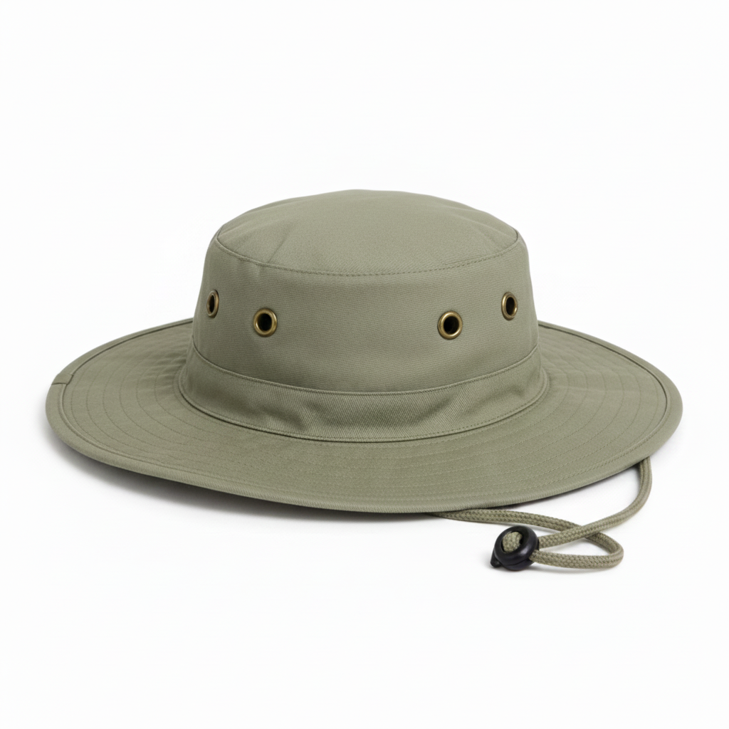 olive wide-brimmed bush hat with chin strap made in SA
