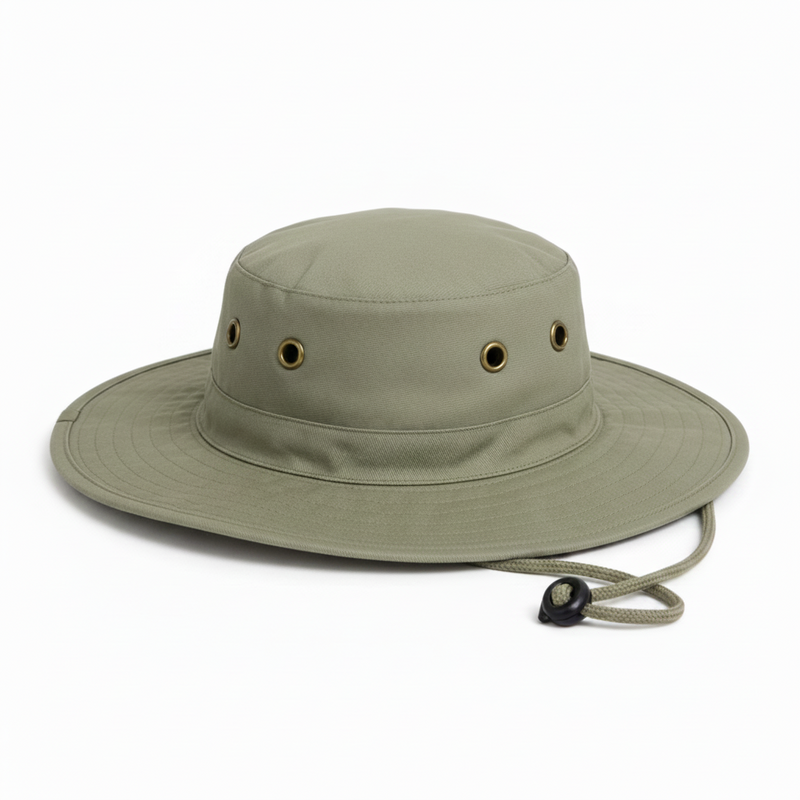olive wide-brimmed bush hat with chin strap made in SA