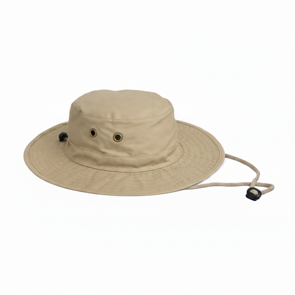 Beige wide-brimmed hat with chin strap 