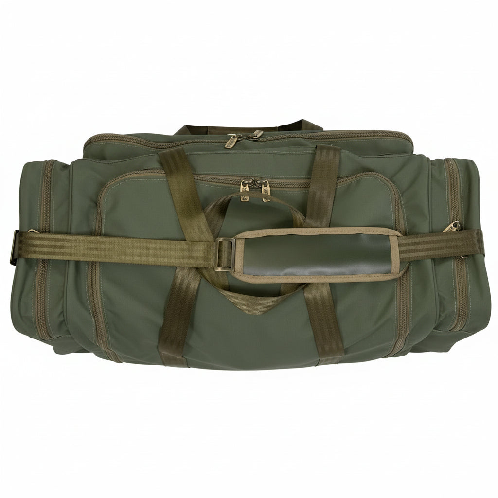 khaki canvas duffel bag with brass zippers