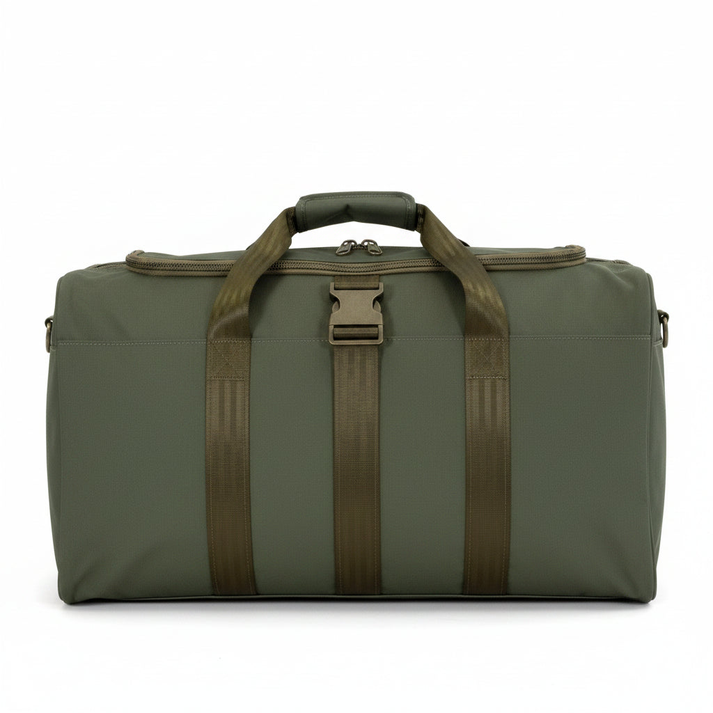 An olive green soft-sided bag with a vertical brown webbing strap and buckle closure, shown against a plain white background.