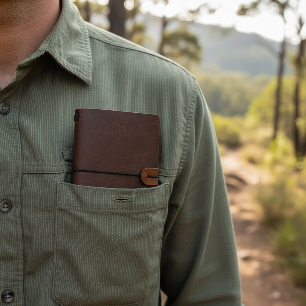 leather pocket journal with elastic closure and embossed detailing