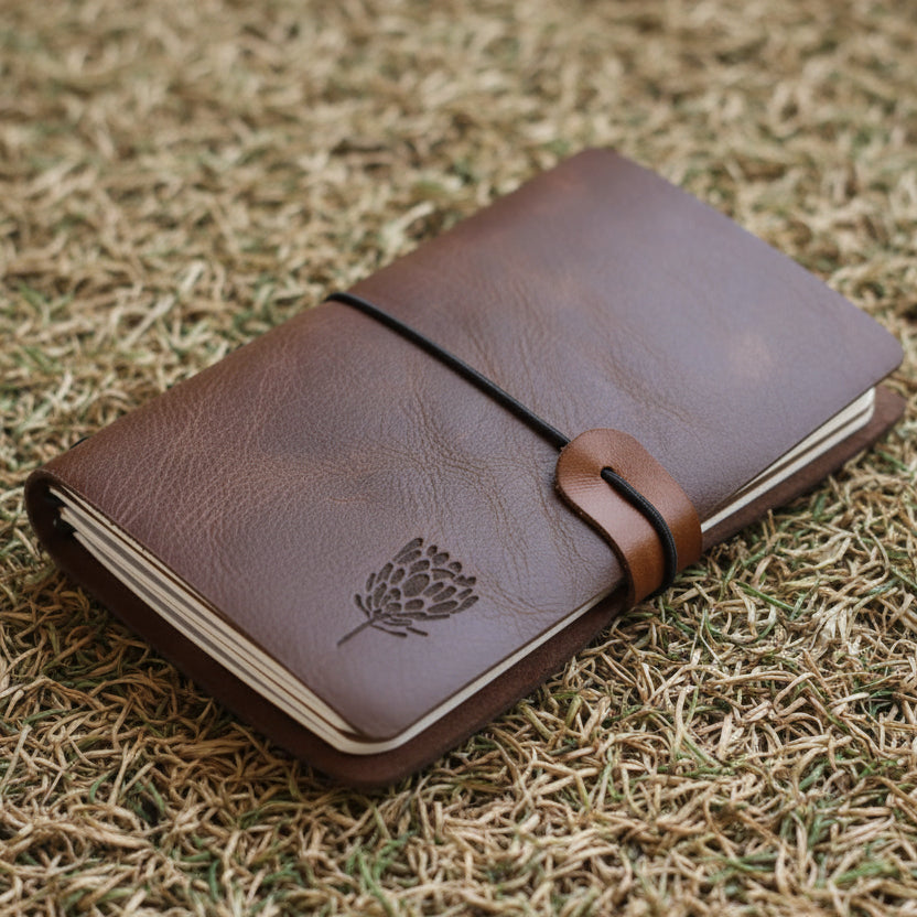 leather pocket field journal A6 with elastic closure and embossed detail