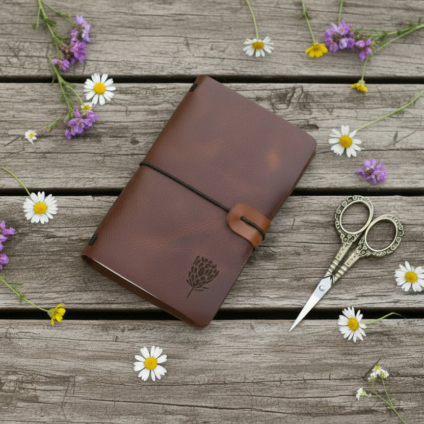 leather notebook A6 with elastic closure embossed detailing